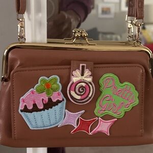 Brown Handbag with Colorful Patches